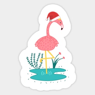 Cute Pink Flamingo Wear Santa Hat Sticker